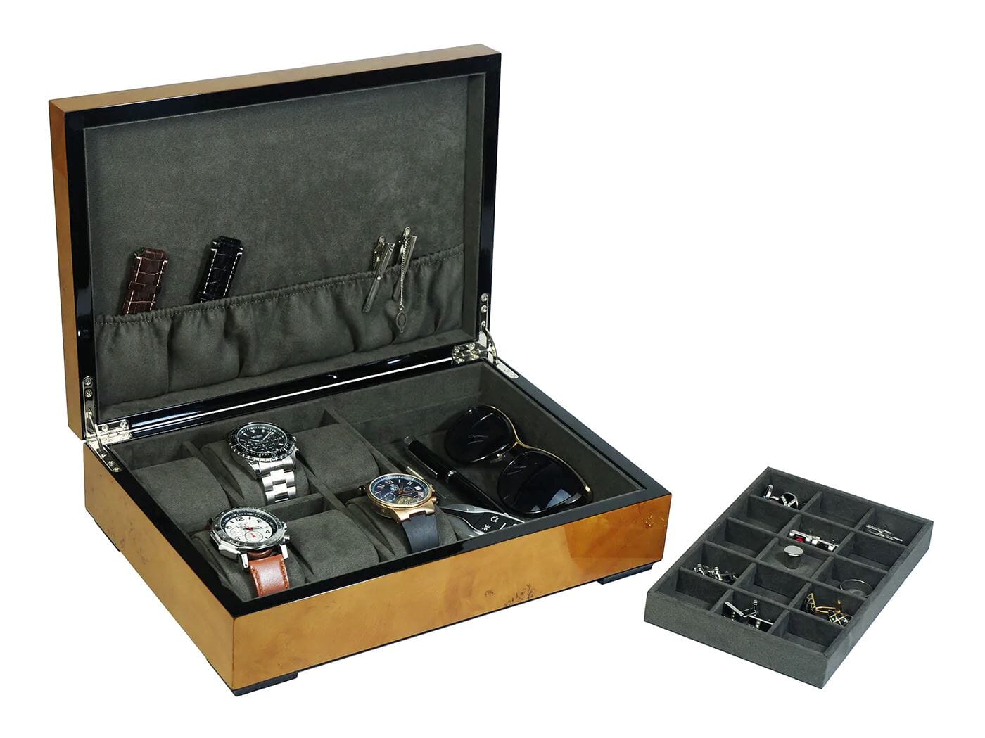 World Map Burl Wooden Watch Box for 6 Watches + Jewellery Watch Boxes Clinks 