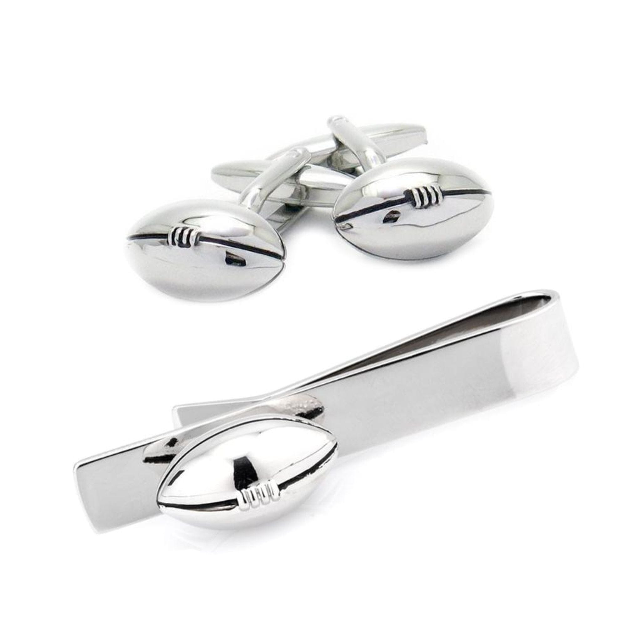 Footy / Rugby Football Silver Cufflinks & Tie Bar Set Gift Set Clinks Australia Default 