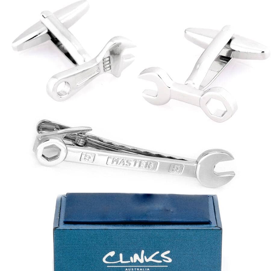Spanner Wrench Cufflinks & Tie Clip Set Gift Set Cuffed.com.au 