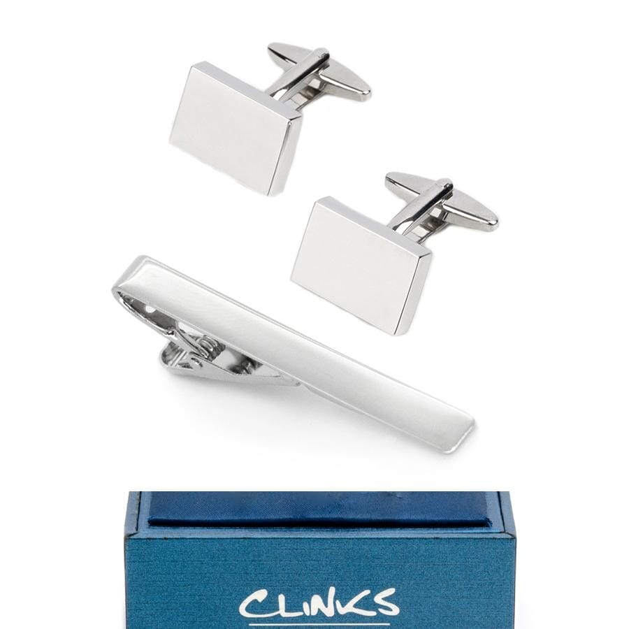 Silver Rectangle Engravable Cufflinks & Tie Clip Set Gift Set Clinks Australia 