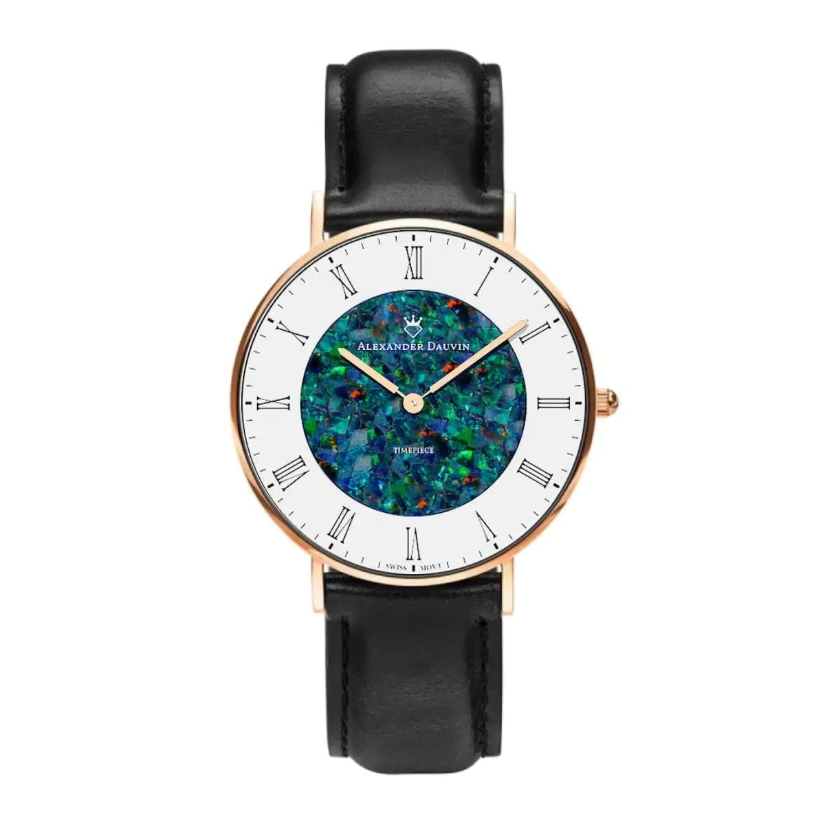 Romano Pedy Red Swiss Opal Watch 36MM with Rose Gold Case and Black Leather Strap Watches Clinks 