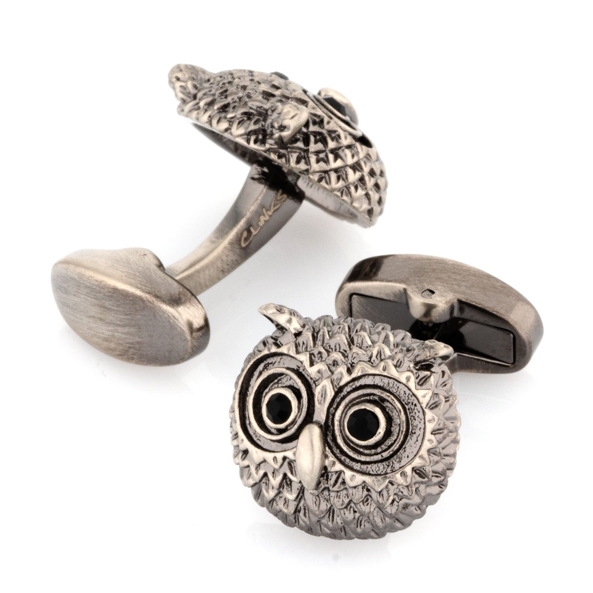Silver Textured Owl Head Cufflinks with Black Crystal Eyes Novelty Cufflinks Clinks Australia 