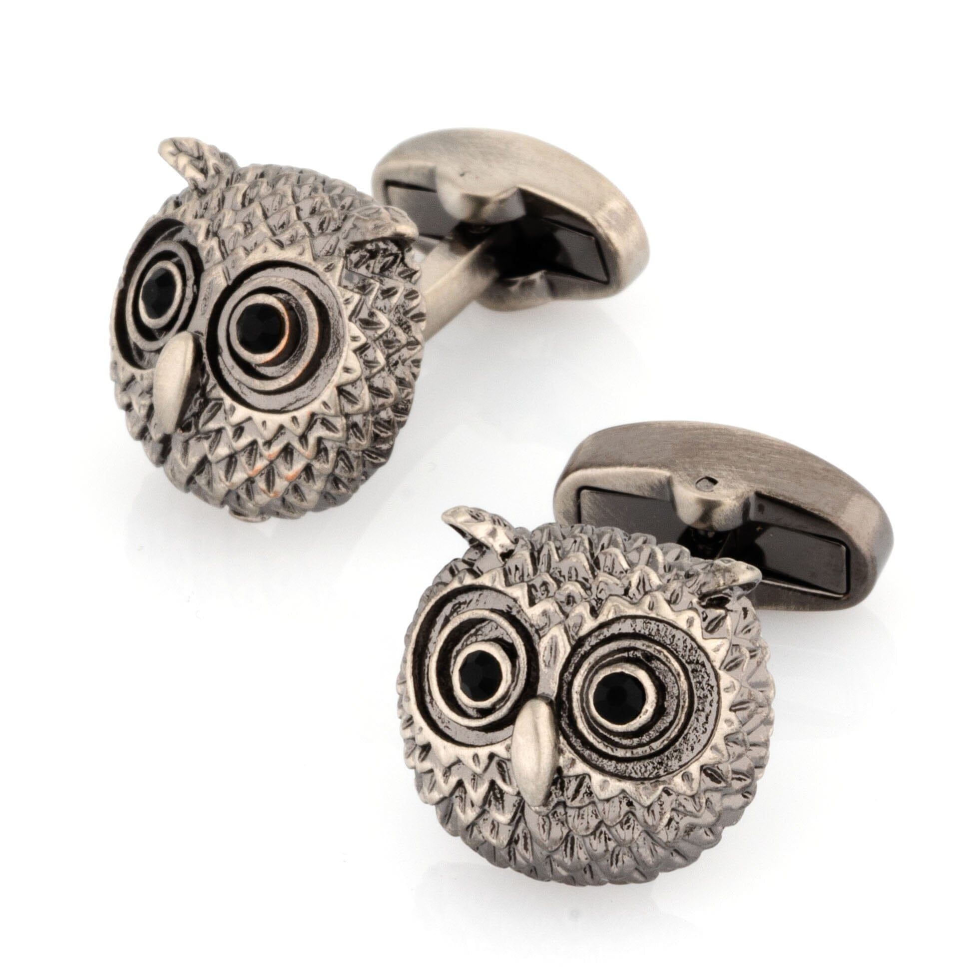 Silver Textured Owl Head Cufflinks with Black Crystal Eyes Novelty Cufflinks Clinks Australia 