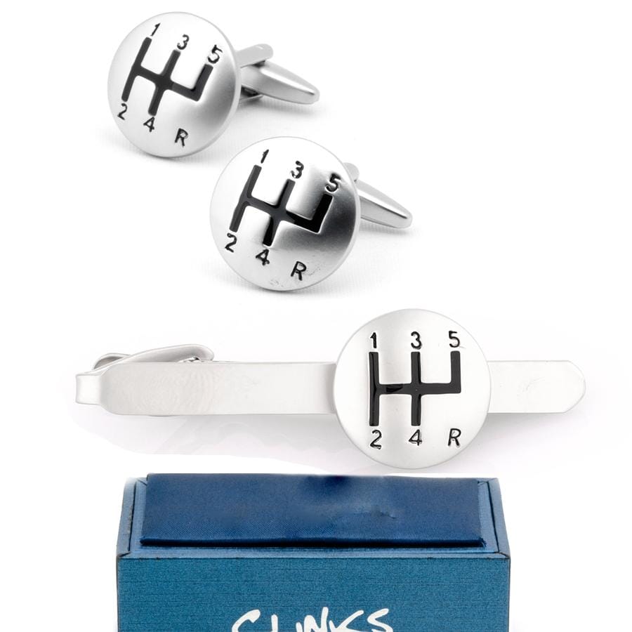 Silver Gear Shift Cufflinks & Tie Clip Set Gift Set Clinks Australia 