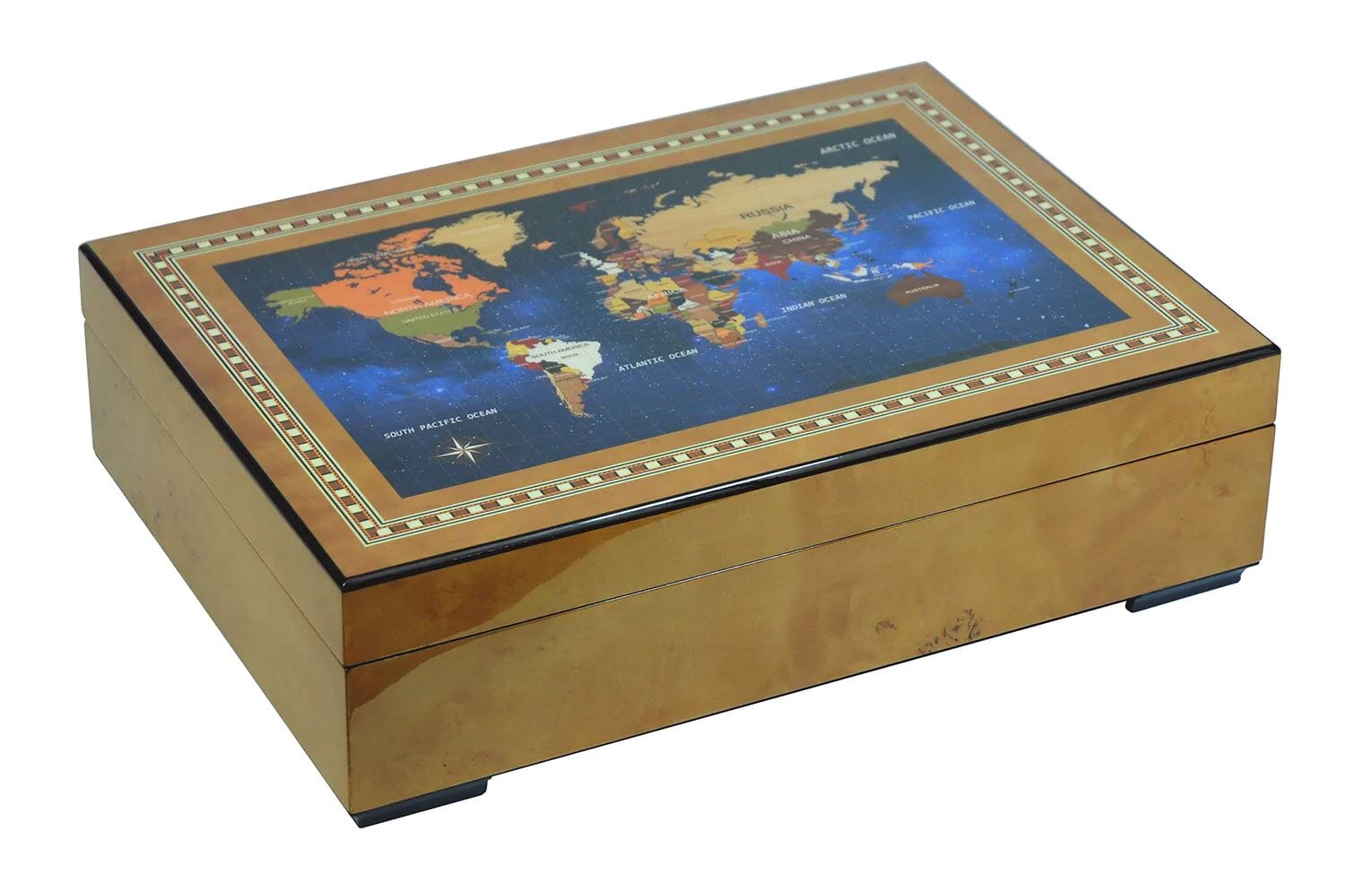 World Map Burl Wooden Watch Box for 6 Watches + Jewellery Watch Boxes Clinks 