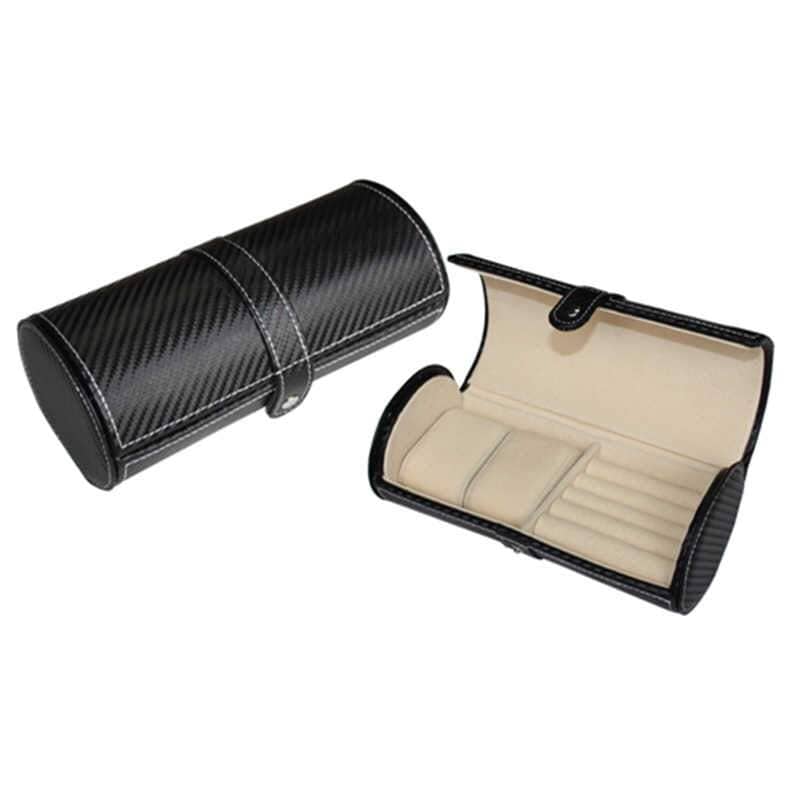 Cufflinks and Watch Roll Case in Black Carbon Fibre Vegan Leather Watch Boxes Clinks 