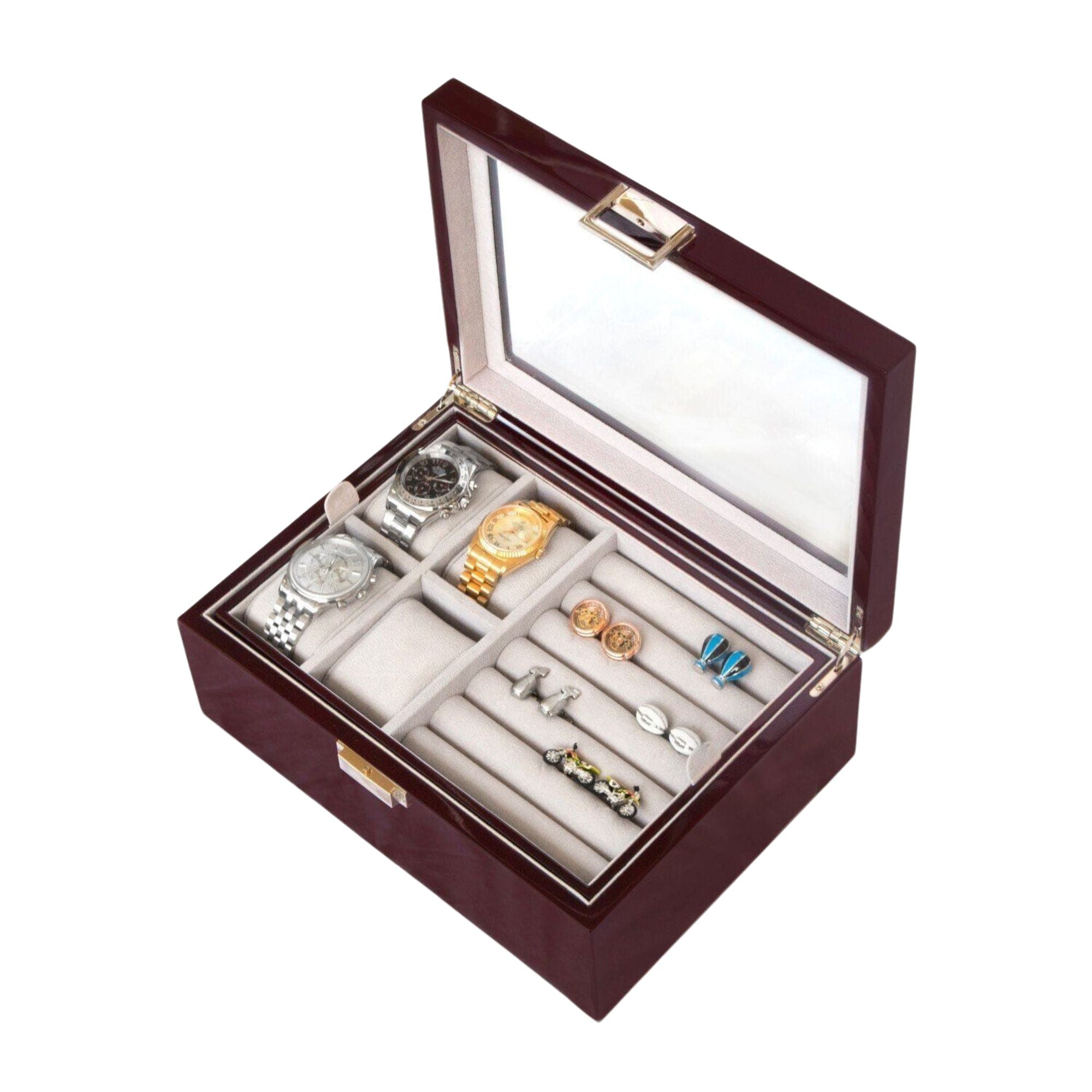 50 Pair Cufflink and Watch Box Double Decker Mahogany Cufflink Boxes Clinks 