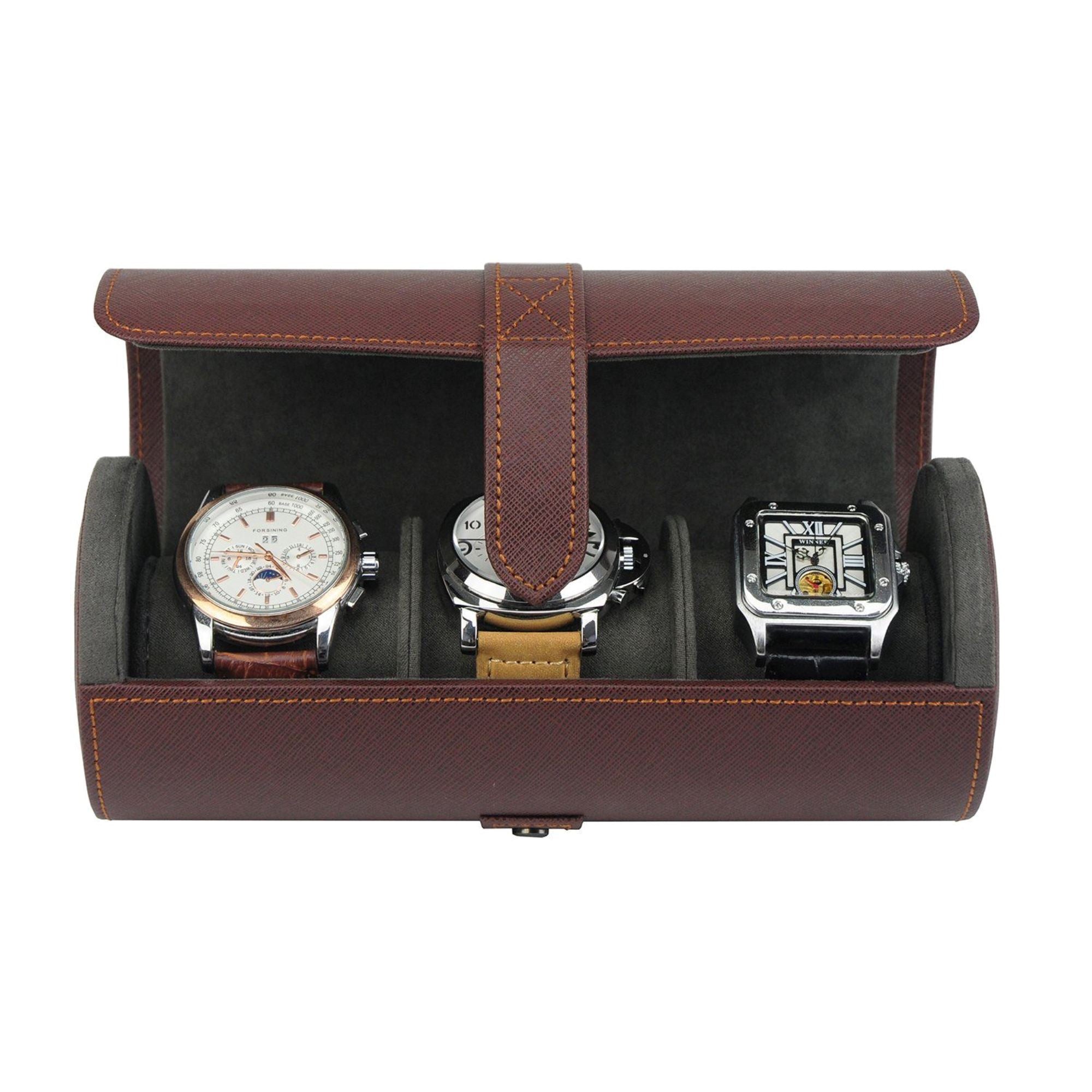 Watch Roll Case for 3 in Dark Brown Vegan Leather Watch Boxes Clinks 