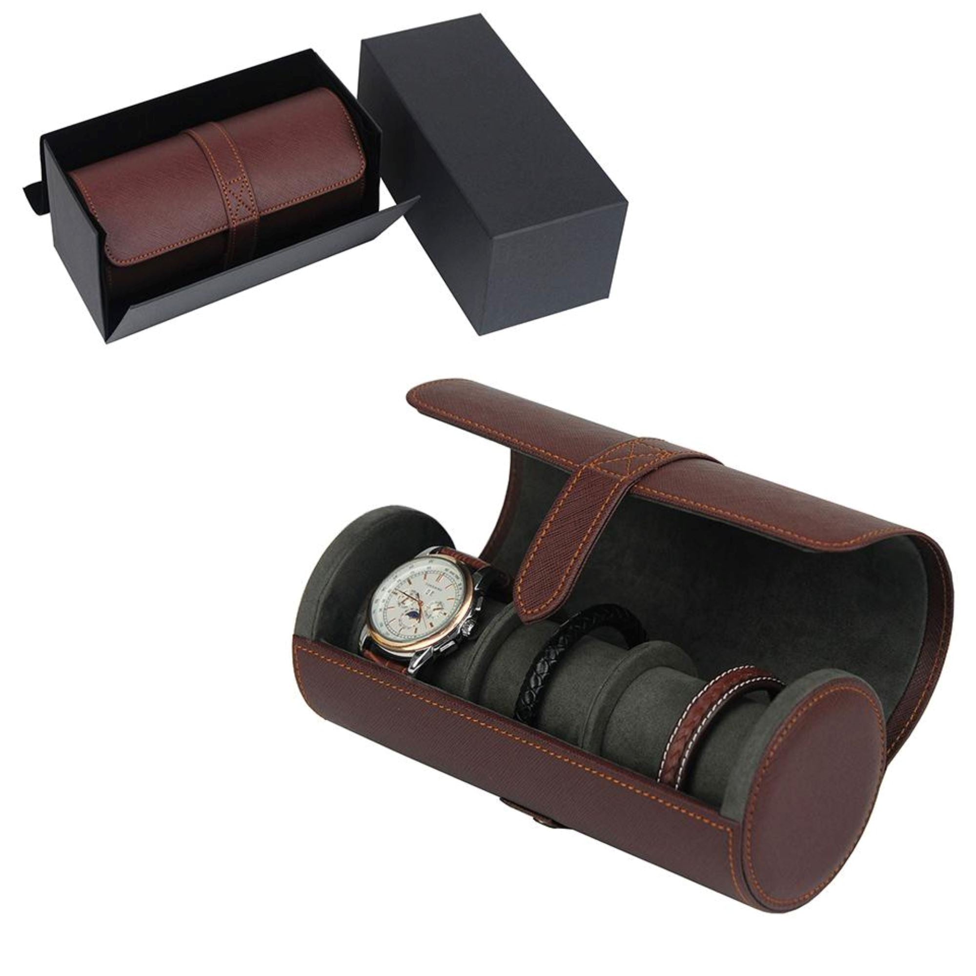 Watch Roll Case for 3 in Dark Brown Vegan Leather Watch Boxes Clinks 