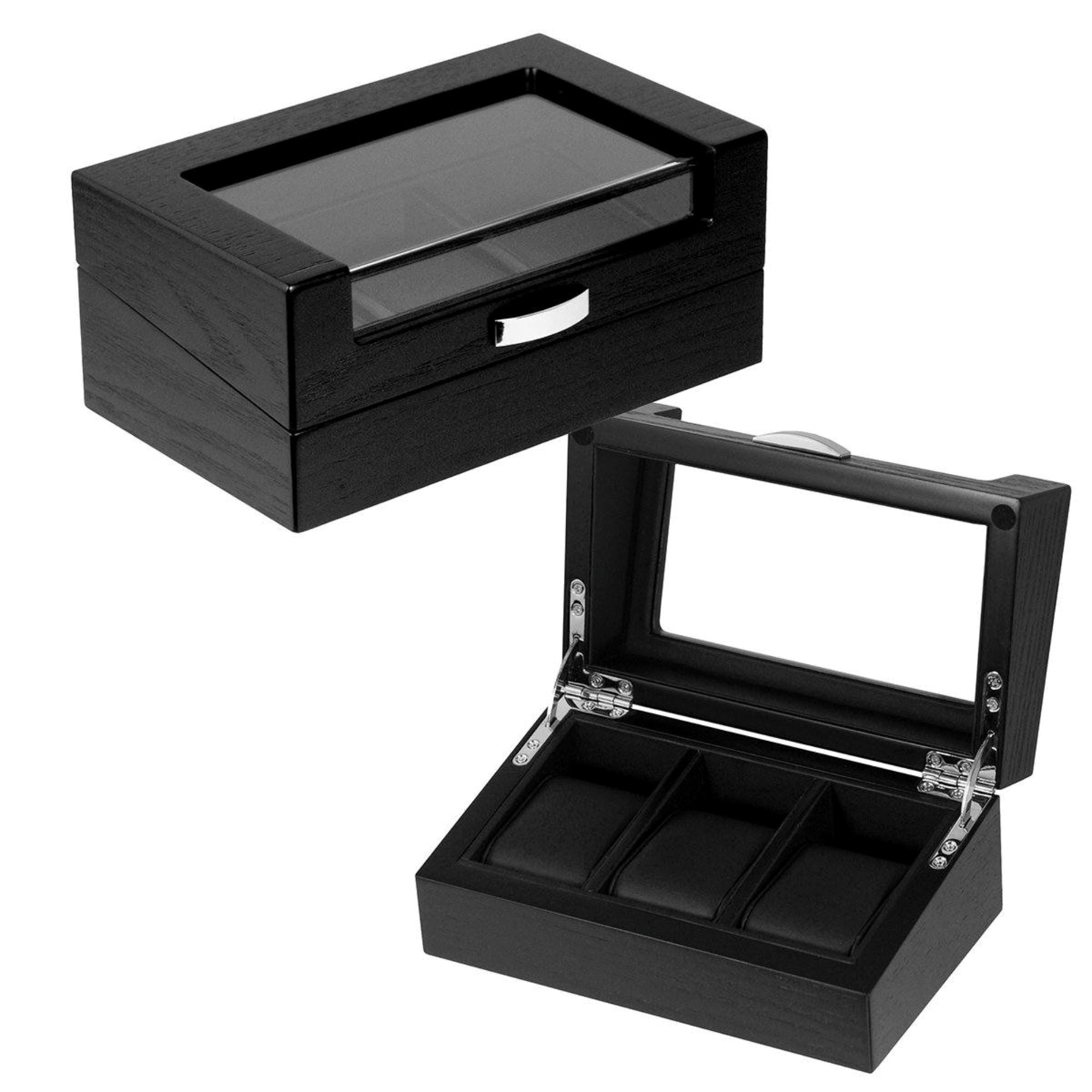 3 Slots Black Wooden Watch Box Watch Boxes Clinks 