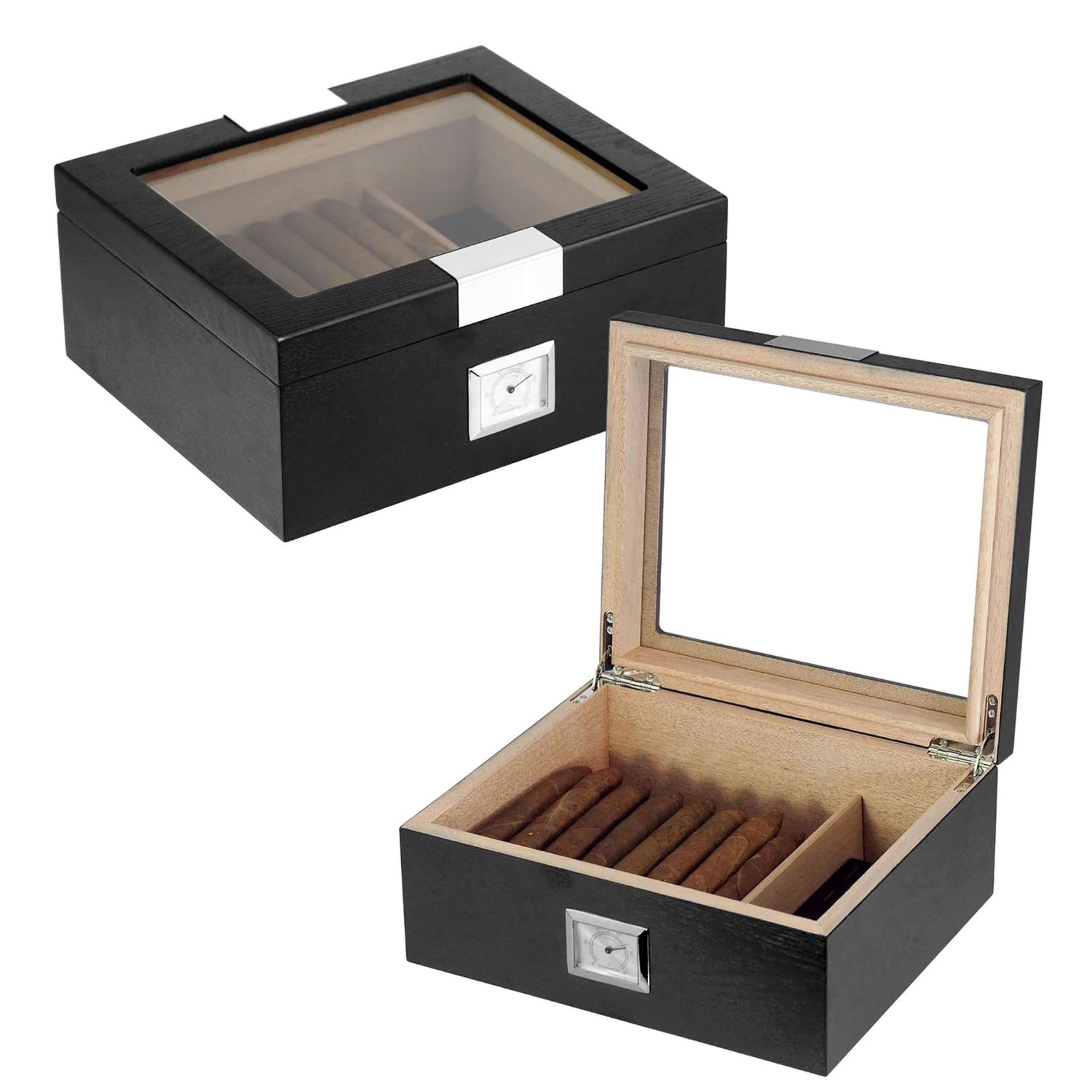 25 CT Black Cigar Humidor OAK Veneer Box for Cigars Cigar Boxes Clinks 