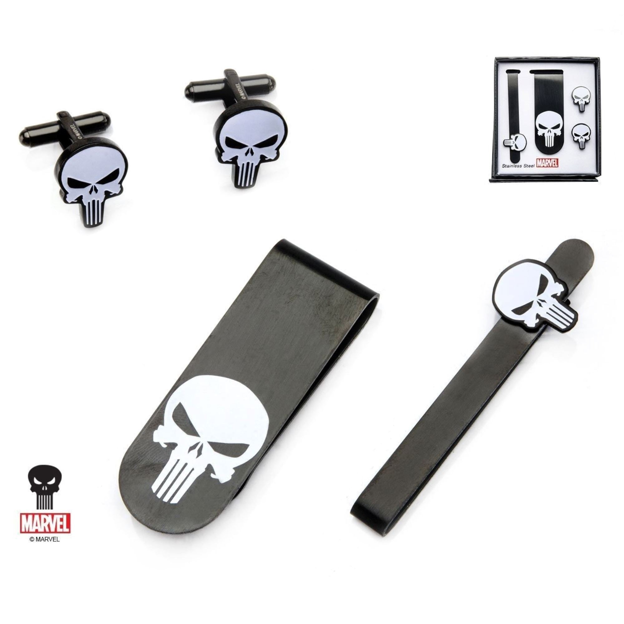 Marvel Punisher Gift Set with Cufflinks Tie Bar and Money Clip Novelty Cufflinks Marvel Comics Marvel Punisher Gift Set with Cufflinks Tie Bar and Money Clip 