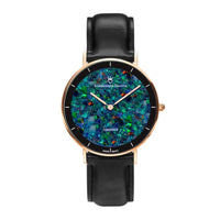 Gatsby Pedy Red Swiss Opal Watch 36MM with Rose Gold Case and Black Leather Strap Watches Clinks