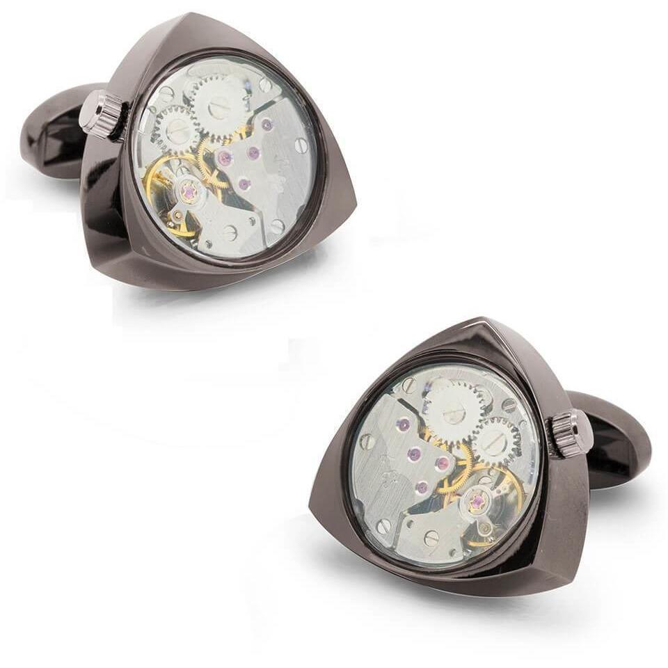 Working Watch Movement Steampunk Cufflinks Gunmetal and Silver Reuleaux, Novelty Cufflinks, Gunmetal Cufflinks, Silver Cufflinks, Gold Cufflinks, Functional Cufflinks, CL5567, Cufflinks, Clinks, Clinks Australia, Cuffed